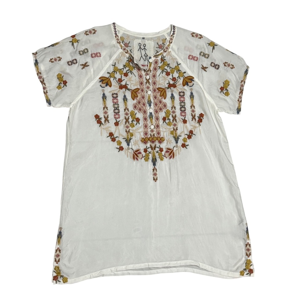 Johnny Was Embroidered Vegan Silk Dress Womens S White Boho Tunic Excellent
